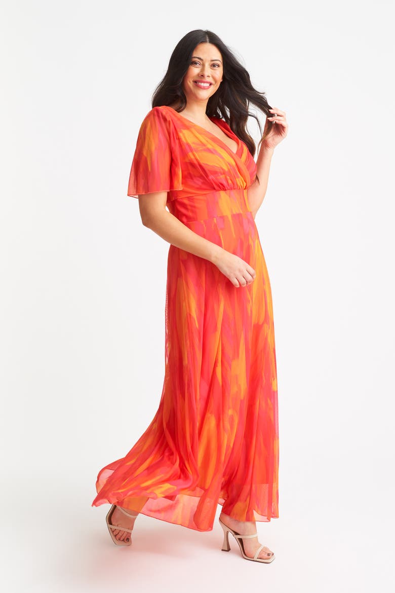 Isabelle Abstract Angel Sleeve Dress, Alternate, color, Orange Pink Yellow