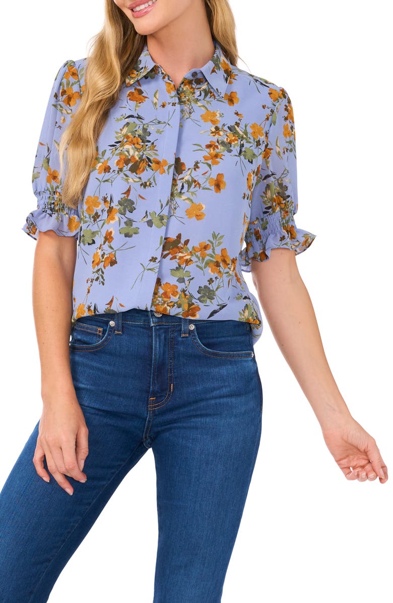 CeCe Floral Puff Sleeve Georgette Button-Up Top, Main, color, Blue Blossom