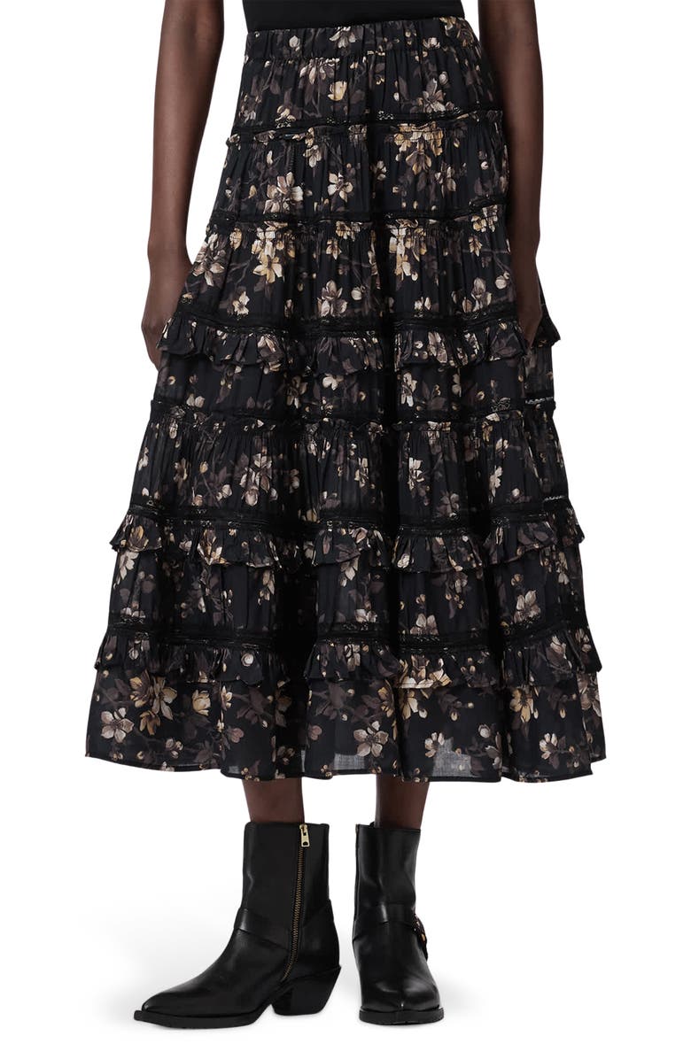 AllSaints Talia Floral Print Ruffle Lace Maxi Skirt, Main, color, Vine Black