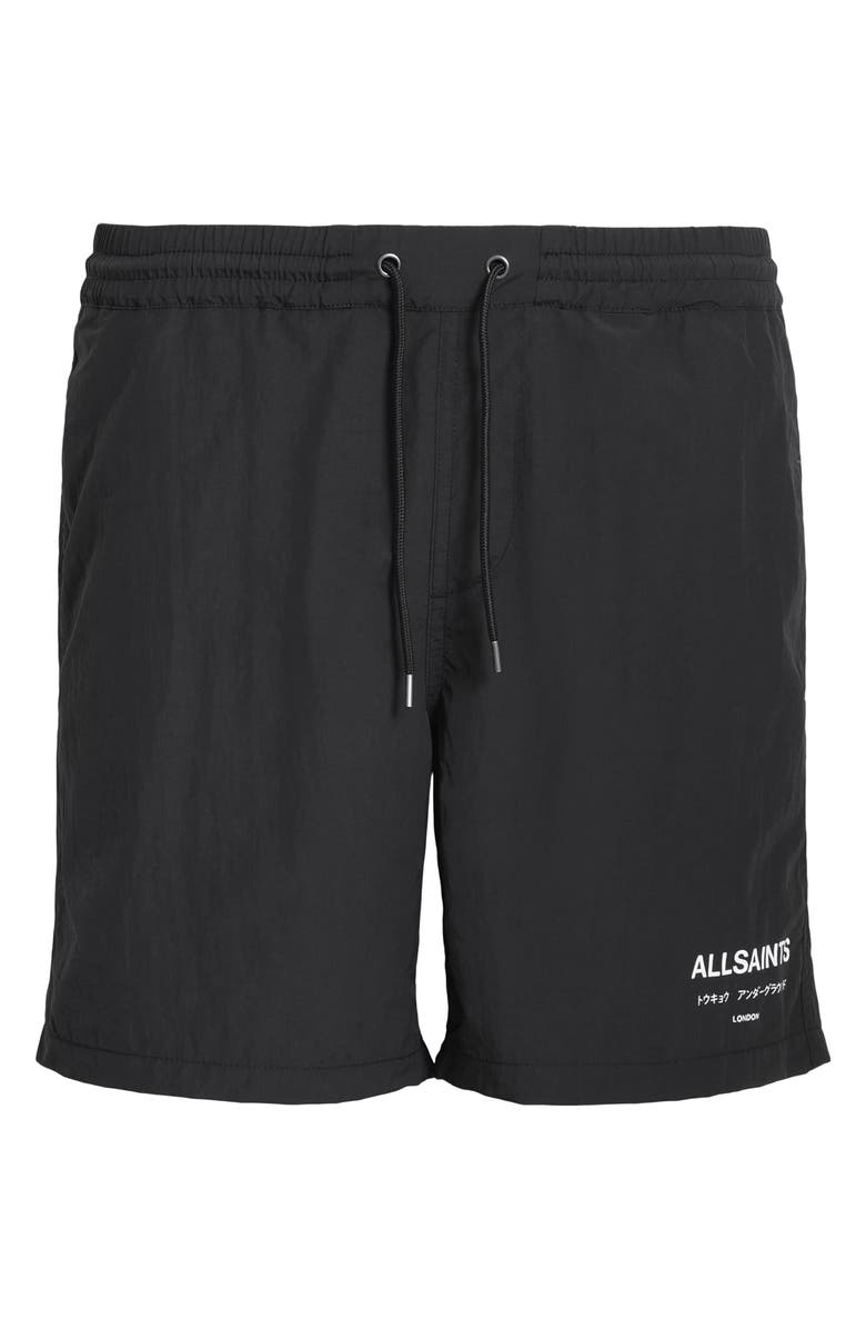 AllSaints Underground Logo Print Swim Trunks, Alternate, color, Jet Black