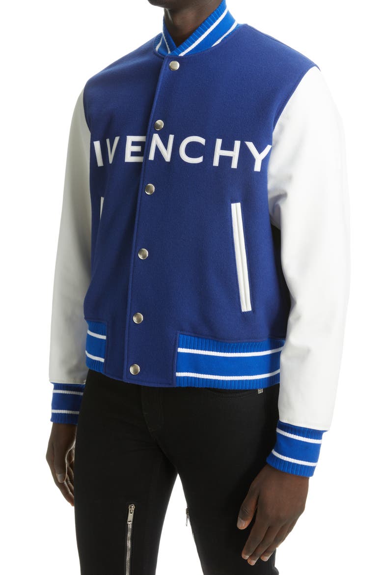 Mixed Media Logo Wool Blend Varsity Jacket, Alternate, color, WHITE/ BLUE