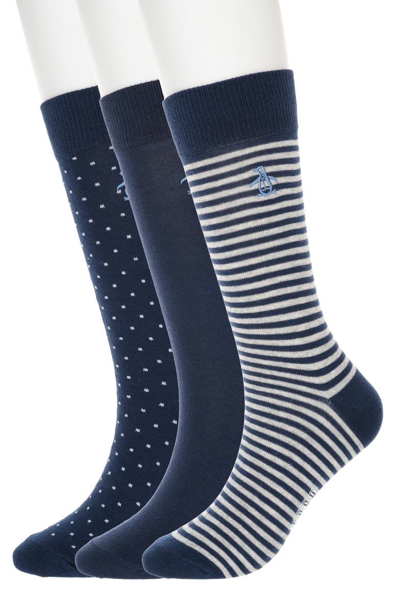 Original Penguin Stripe & Dot 3-Pack Assorted Crew Socks, Main, color, Navy