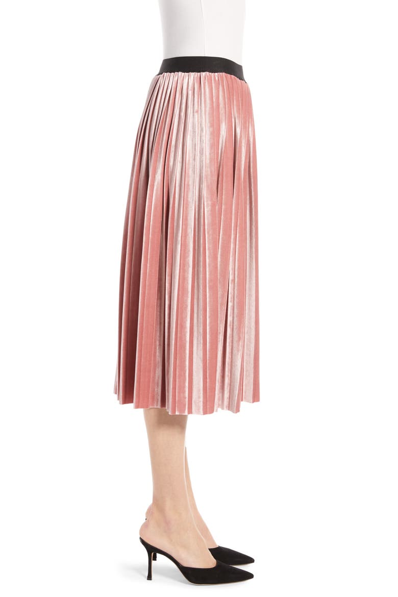 Velvet Pleated Midi Skirt, Alternate, color, PINK MESA
