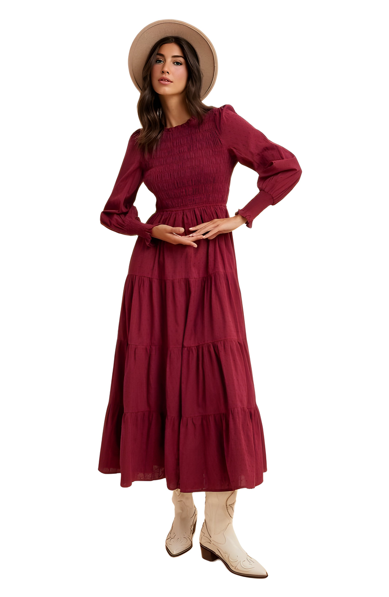 Knit and Lounge Smocked Bodice Tiered Maxi Dress with Long Sleeves, Alternate, color, 