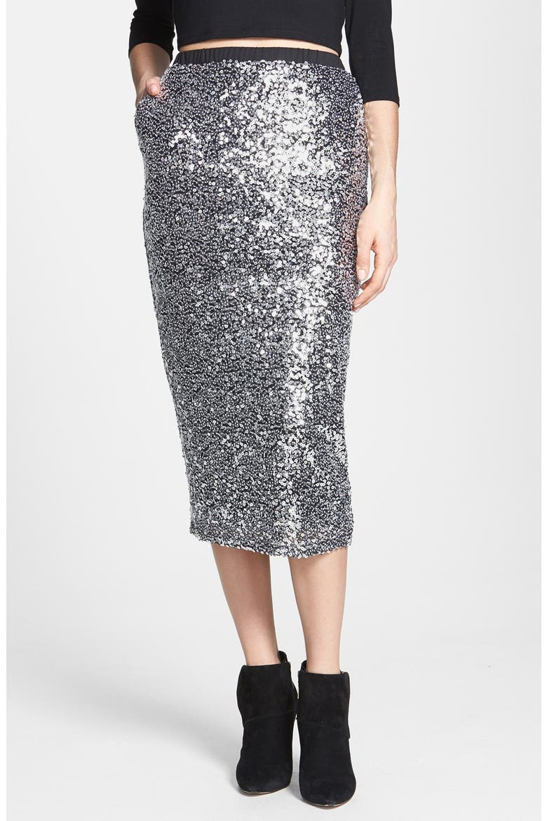 Sequin Midi Skirt, Main, color, SILVER