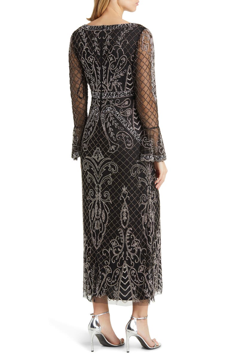 Pisarro Nights Beaded Long Sleeve Gown, Alternate, color, Black/ Silver 013
