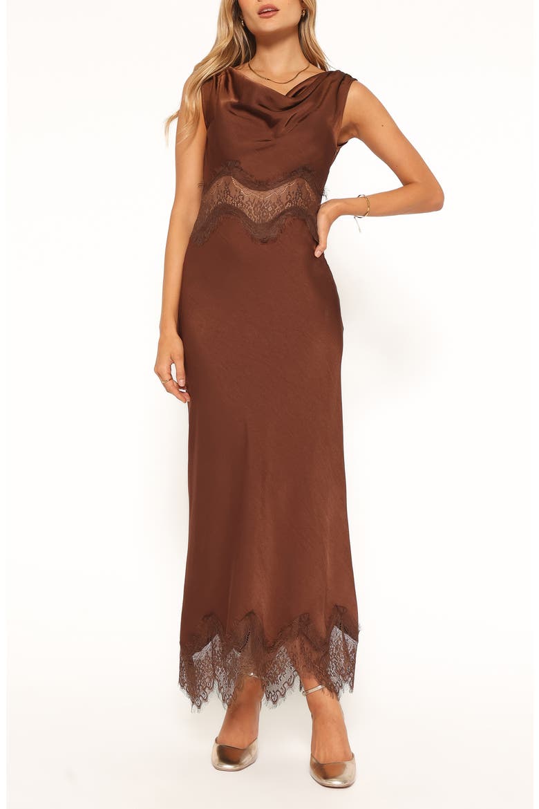 Belmont Lace Trim Satin Midi Dress, Main, color, BROWN