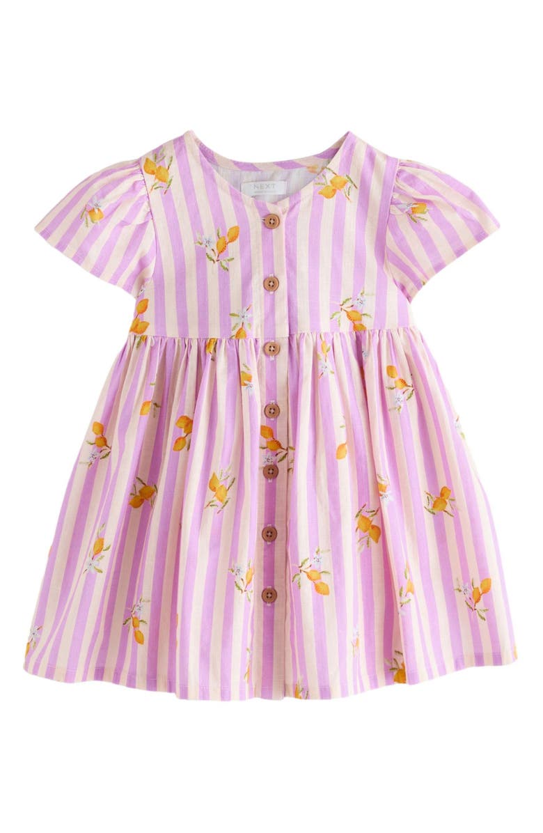 NEXT Kids' Stripe Cotton Button Front Dress, Main, color, Purple