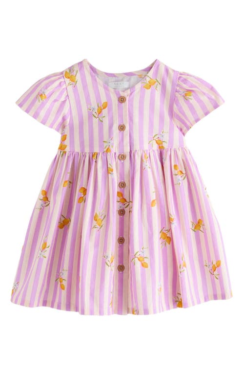 Next Kids' Stripe Cotton Button Front Dress In Purple