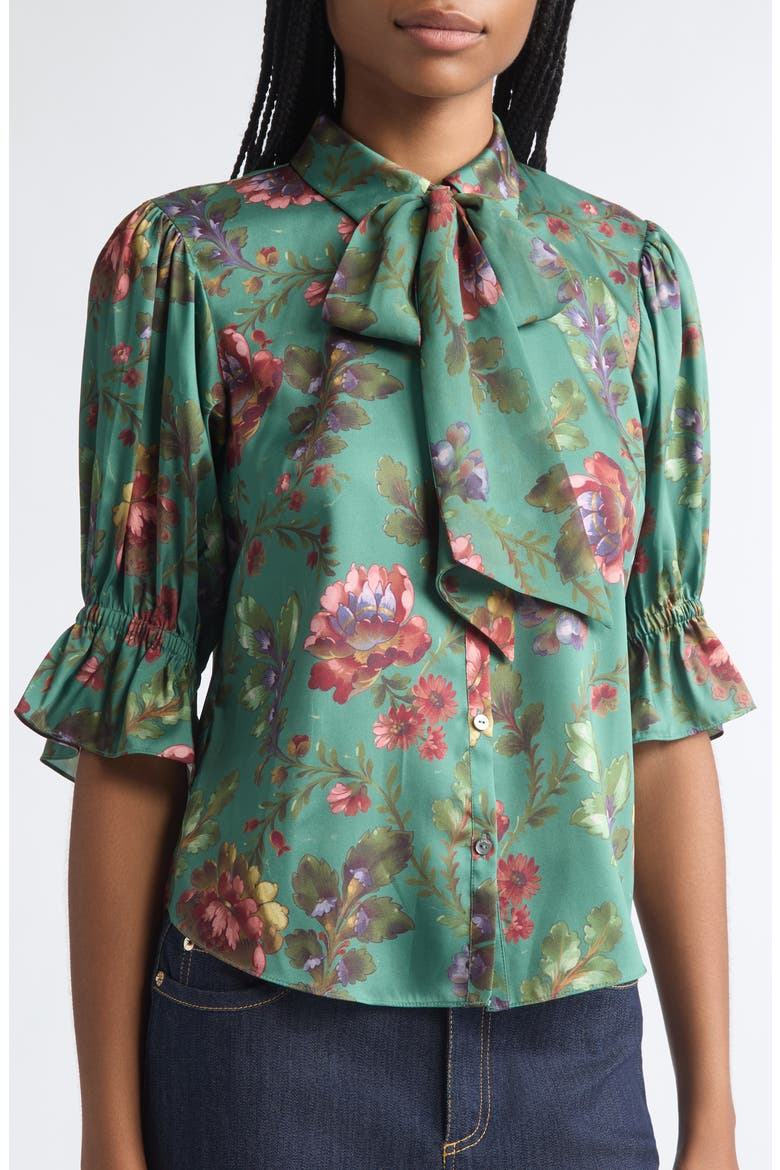 Fiona Fresco Floral Bow Shirt, Alternate, color, DARK IVY MULTI