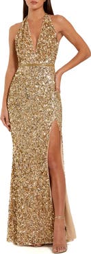 Mac Duggal Sequined Halter Strap Thigh High Slit Gown