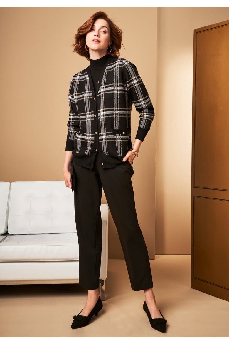 V Neck Cardigan Sweater, Alternate, color, EMERALD BLACKWATCH PLAID