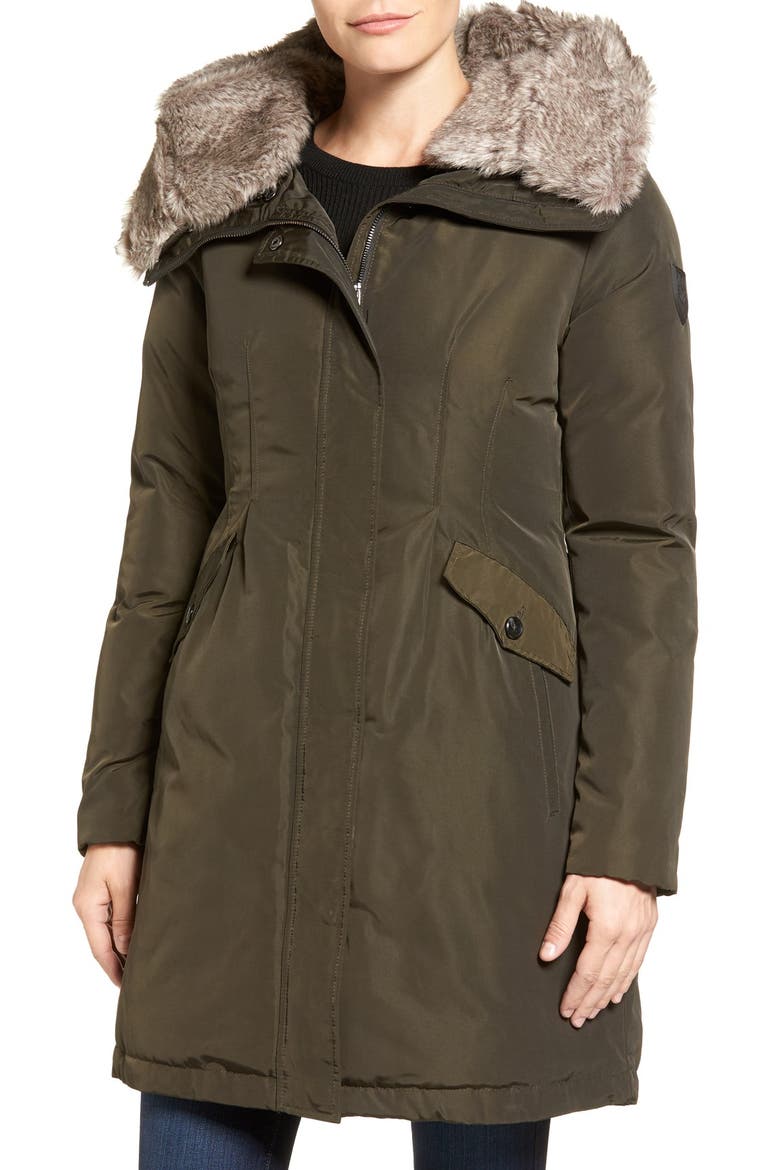 Faux Fur Trim Hooded Down & Feather Parka, Main, color, FOREST