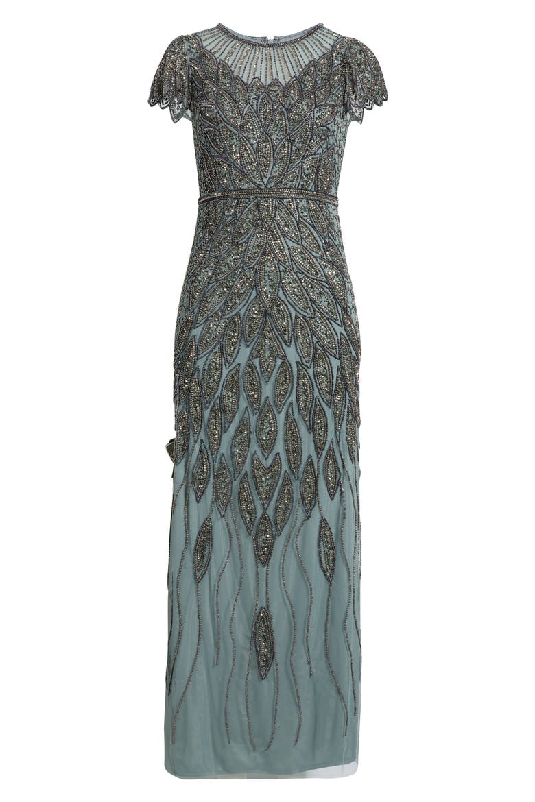 Beaded Cap Sleeve Column Gown, Alternate, color, TEAL 401