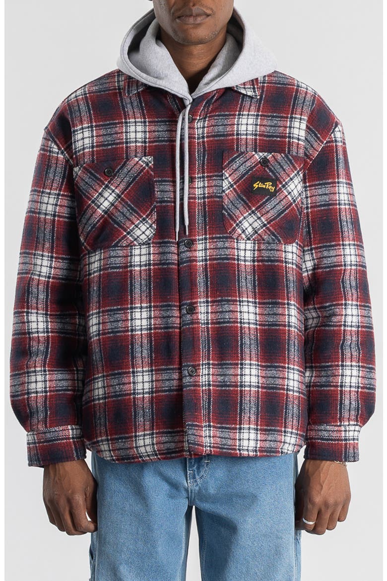 Quilted Plaid Cotton Flannel Button-Up Overshirt, Main, color, RED
