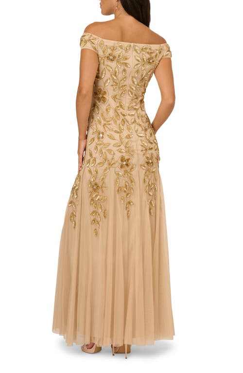Adrianna Papell Sequin Floral Off The Shoulder Gown In Brown