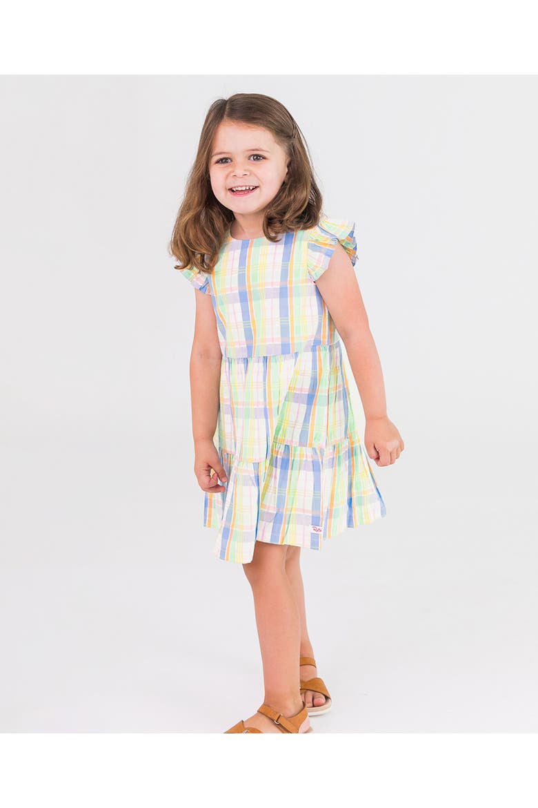 Girls Flutter Sleeve Tiered Dress, Alternate, color, Clubhouse Rainbow Plaid