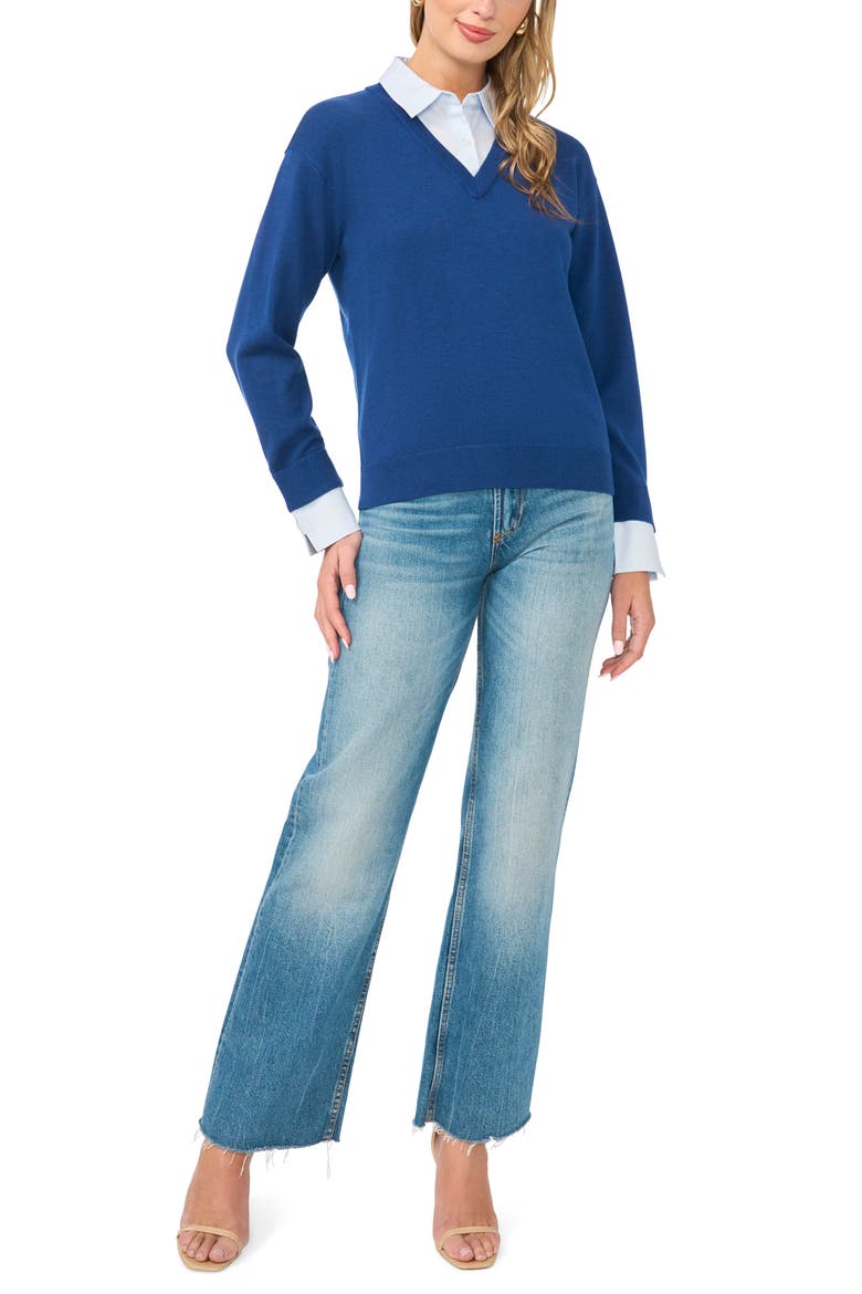 Layered Look V-Neck Sweater, Alternate, color, NAVY DUSK