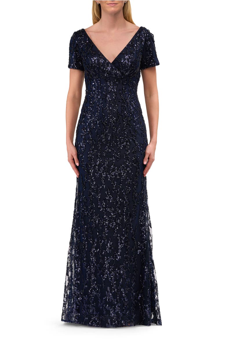 Empire Waist Evening Dress with Print Sequin Design, Main, color, Navy