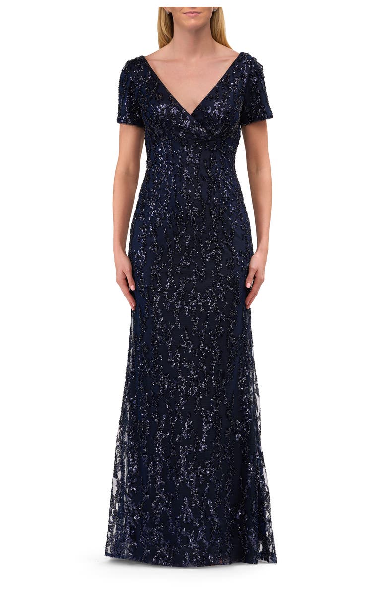 La Femme Empire Waist Evening Dress with Print Sequin Design, Main, color, Navy