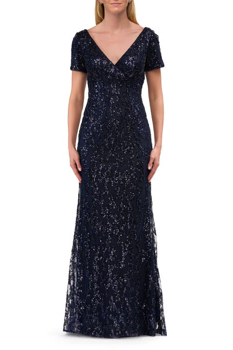 Empire Waist Evening Dress with Print Sequin Design
