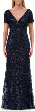 La Femme Empire Waist Evening Dress with Print Sequin Design
