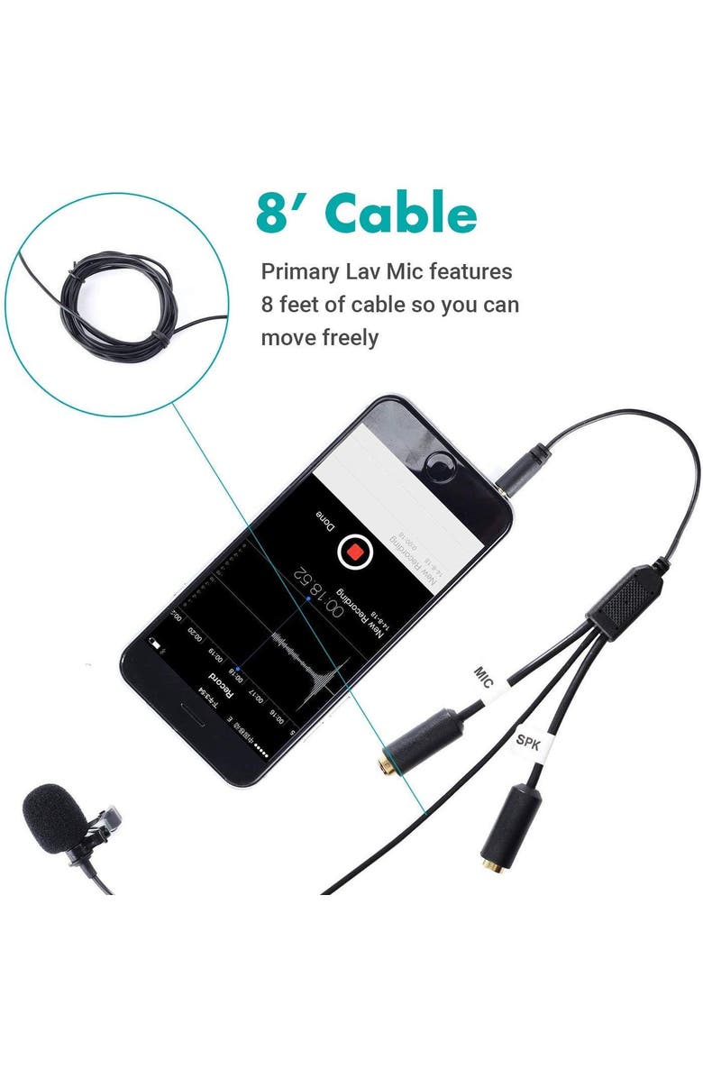 MOVO Executive Lavalier Clip-on Interview Microphone with Secondary Mic & Headphone Monitoring Input for Smartphones/Tablets, Alternate, color, Black