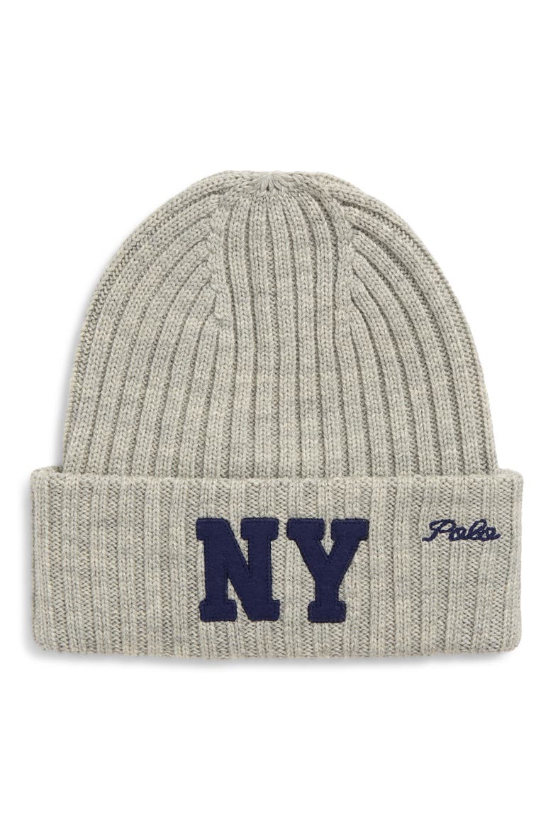 NY Appliqué Wool Rib Beanie, Main, color, ANDOVER HTHR
