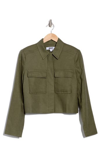 Donna Karan Utility Linen Blend Crop Jacket In Utility Green