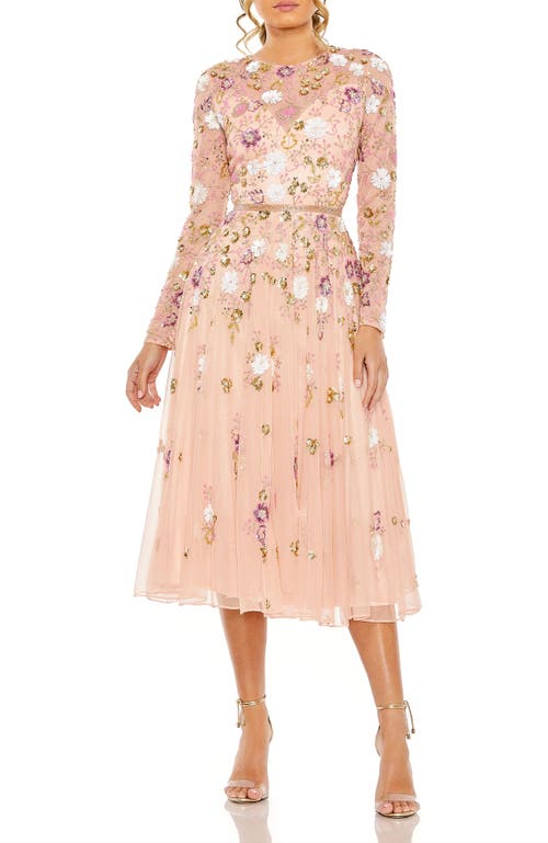 Mac Duggal Sequined Floral Long Sleeve High Neck Midi Dress In Blush