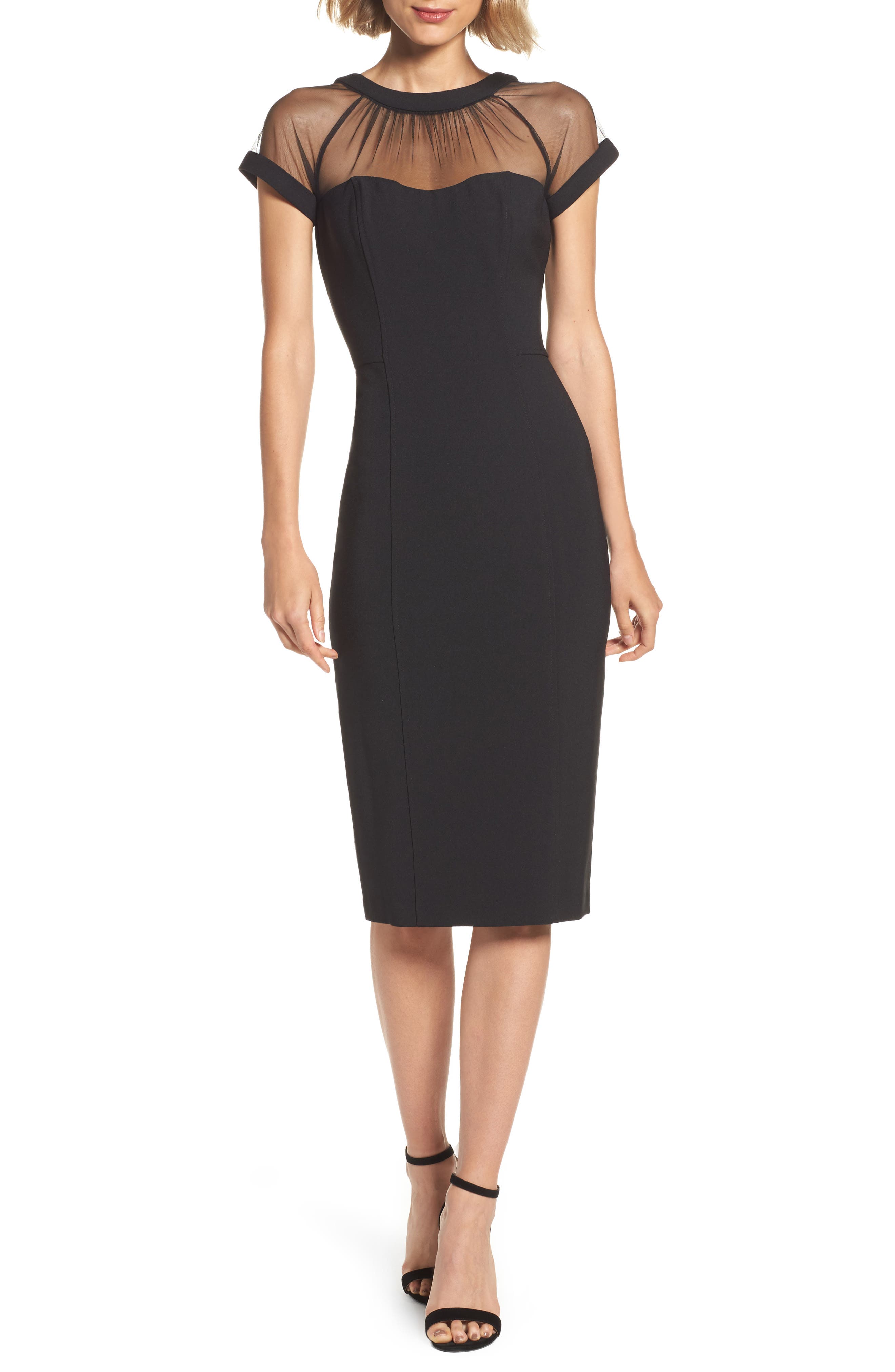 maggy london illusion yoke crepe cocktail dress MAGGY LONDON Black Sheer Illusion Yoke V-Back Crepe Cocktail LBD Dress 8 = M