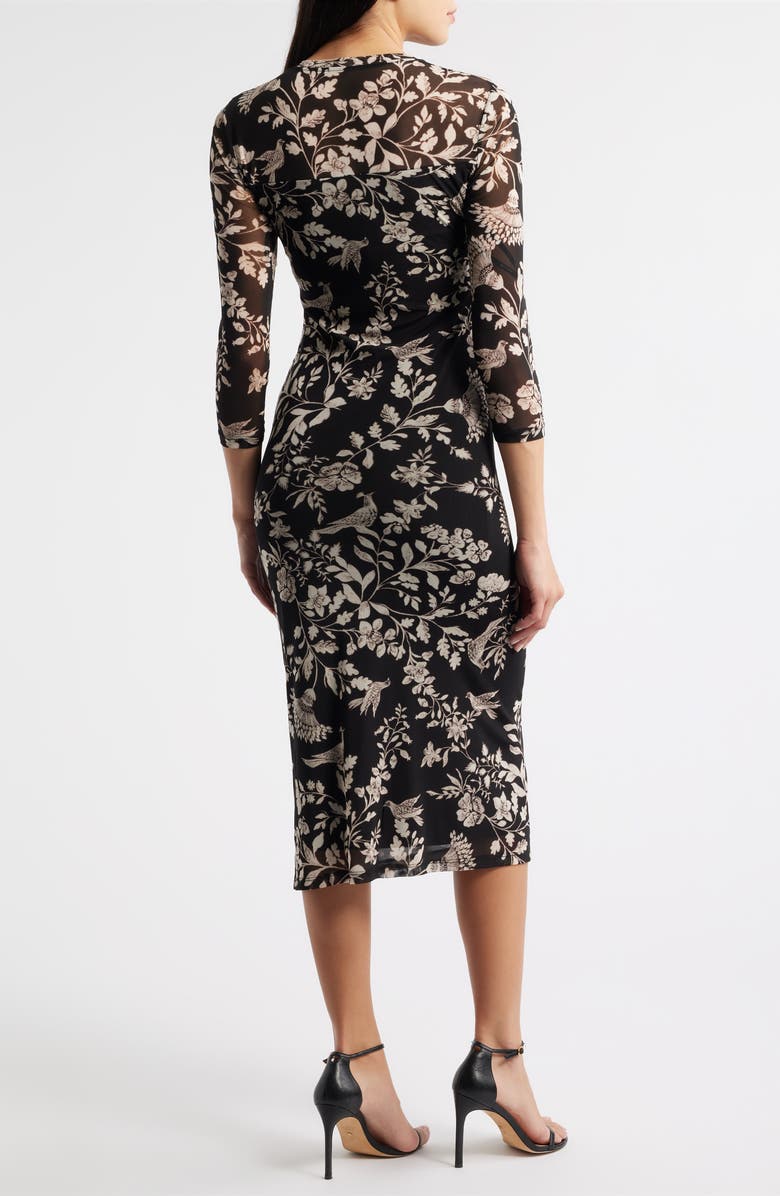 Anne Klein Floral Side Ruched Mesh Midi Dress, Alternate, color, Anne Black Multi