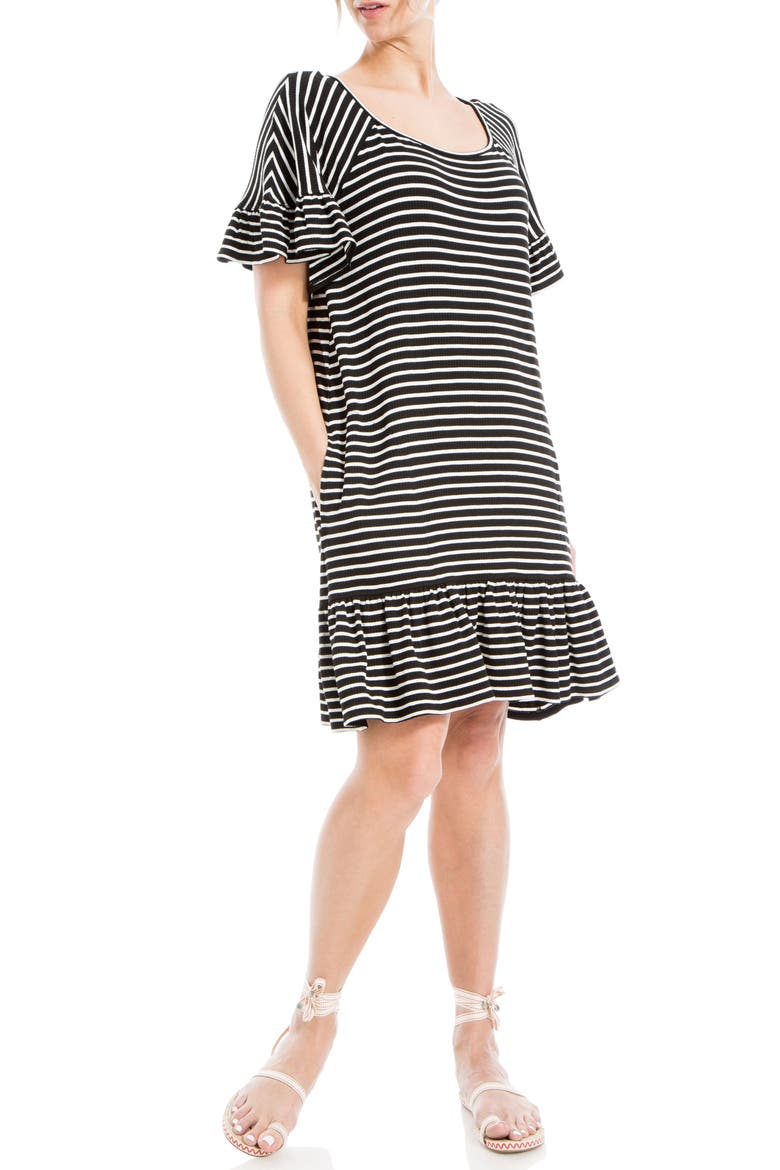 Stripe Ruffle Short Sleeve Shift Dress, Alternate, color, BLACK/ WHITE STRIPE