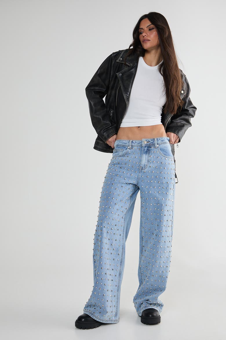 Studded Straight Leg Denim Jeans, Alternate, color, Vintage Wash