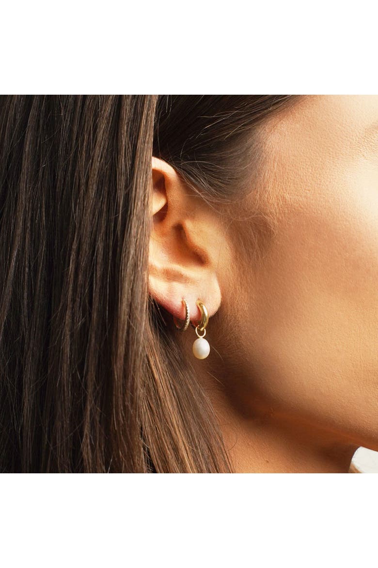 Pearl Drop Huggie Hoop Earrings, Alternate, color, Pearl