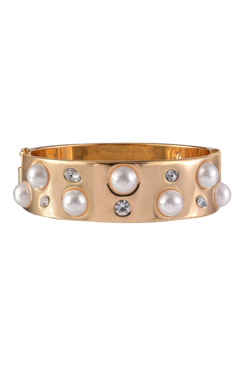 Crystal & Faux Pearl Hinge Bangle Bracelet, Alternate, color, GOLD