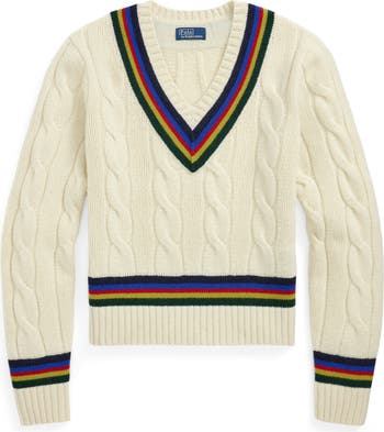 Ralph LAUREN Cricket Sweater 2X Cream Blue Red buy Cable Knit V-neck wool cashmere