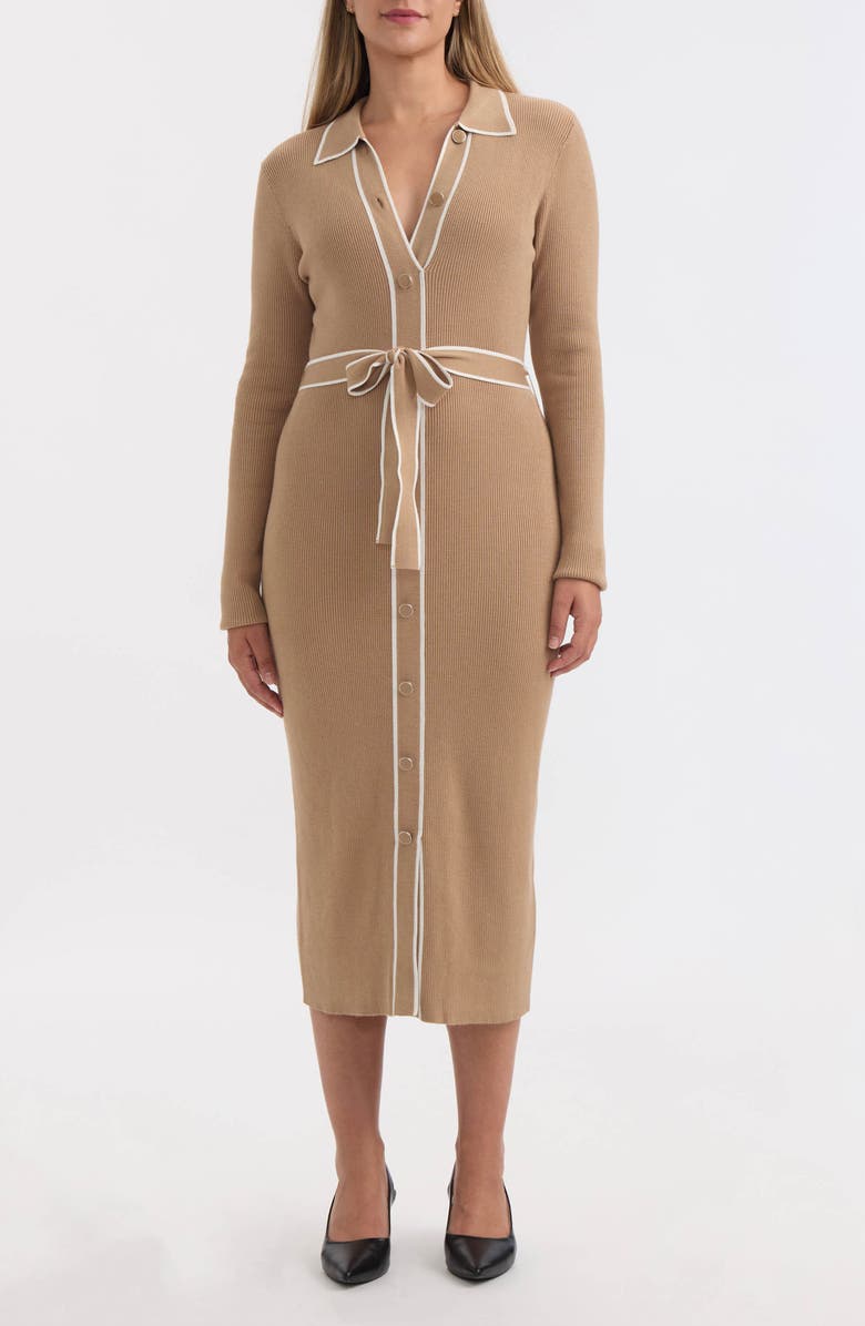 Ellen Tracy Tipped Long Sleeve Shirtdress, Main, color, Camel