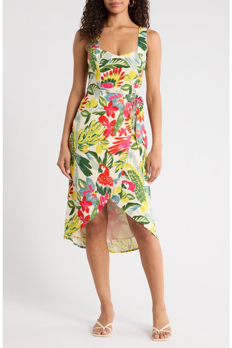 Wissa Tropical Faux Wrap Midi Sundress, Main, color, BRIGHT-MULTI