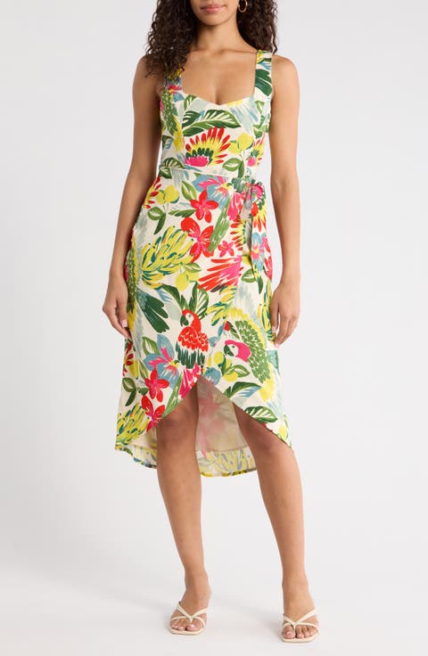 Wissa Tropical Faux Wrap Midi Sundress