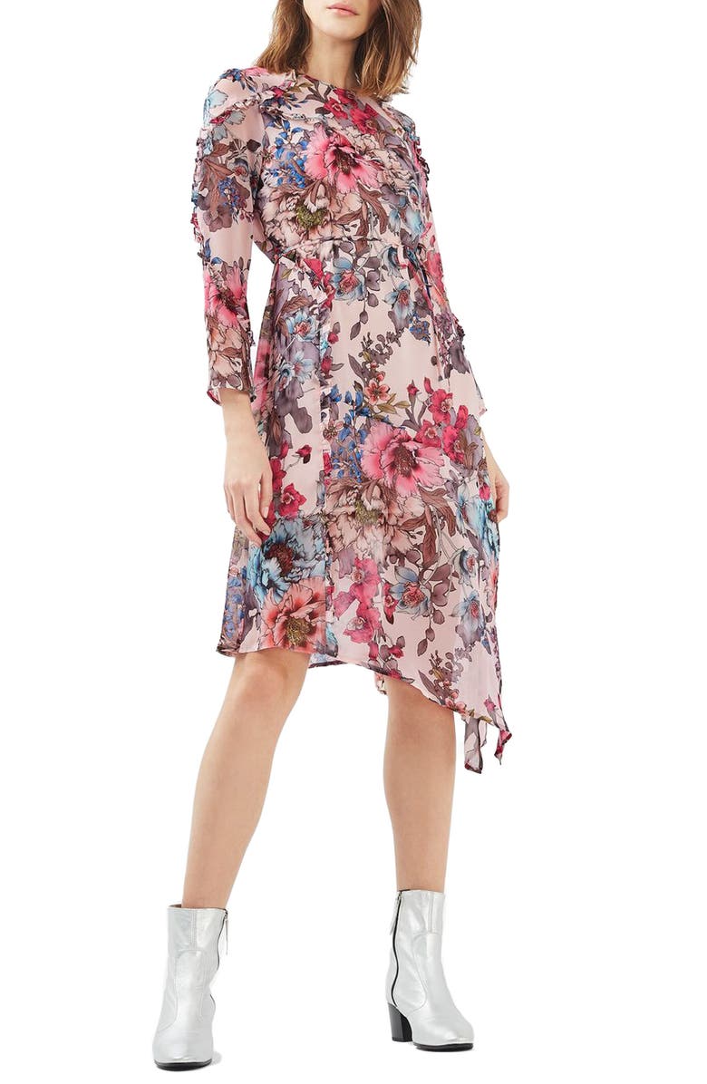 Topshop Pop Floral Ruffle Midi Dress, Main, color, 