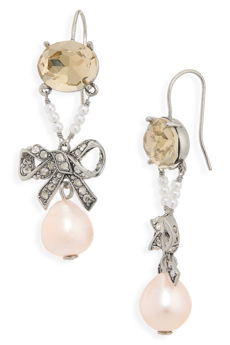 Curiosity Cultured Pearl & Ribbon Drop Earrings, Main, color, ANTIQUE SILVER/CRYSTAL/YELLOW