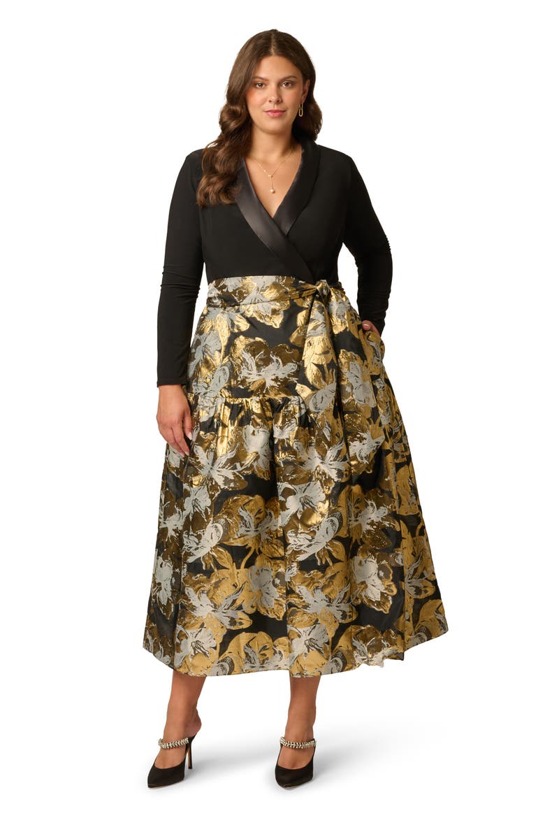 Jacquard Shawl Collar Dress, Alternate, color, BLACK/ GOLD