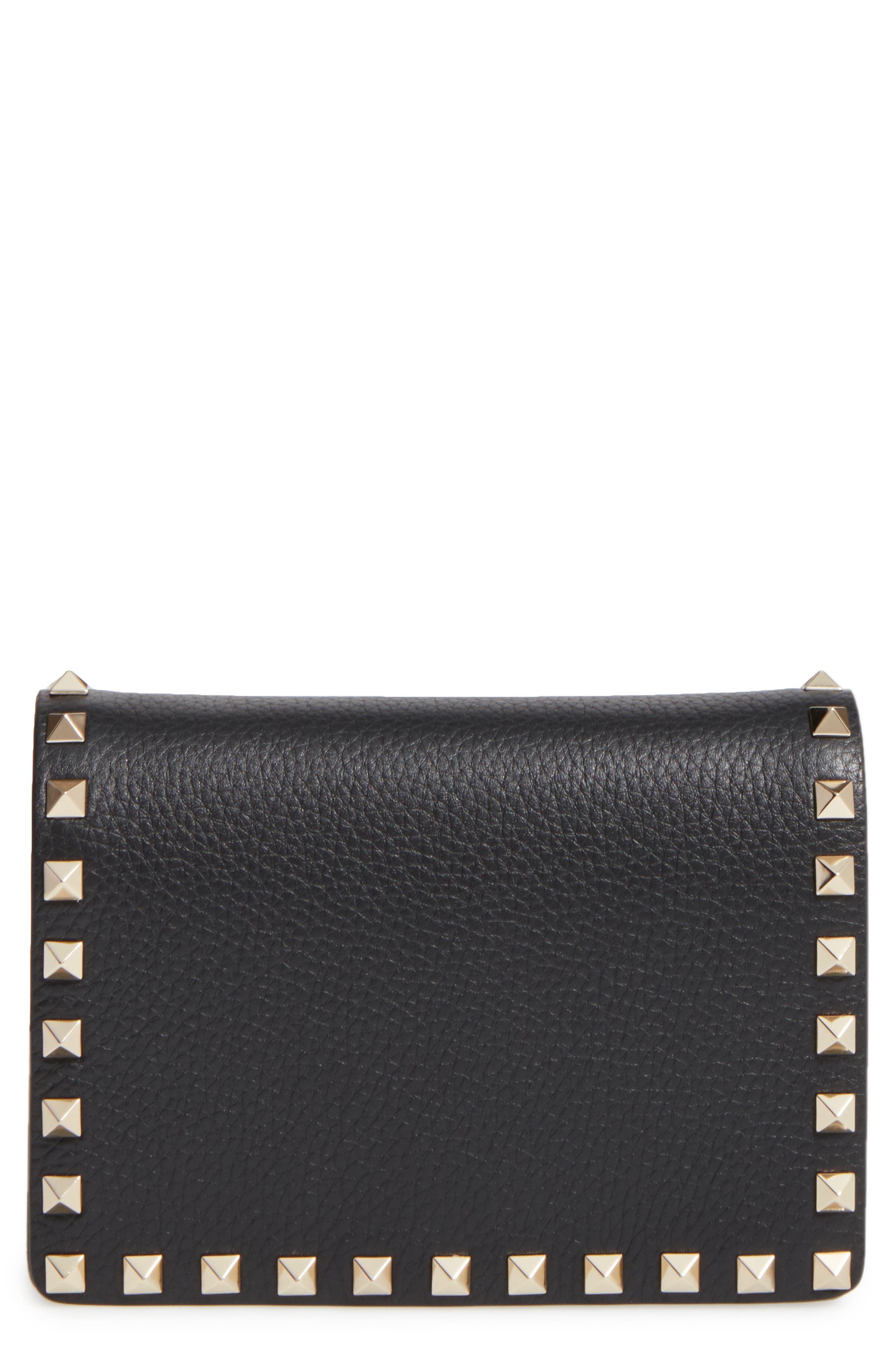 Rockstud Leather Wallet on a Chain, Main, color, BLACK