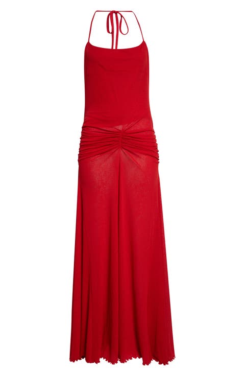 Ruched Mesh Halter Maxi Dress