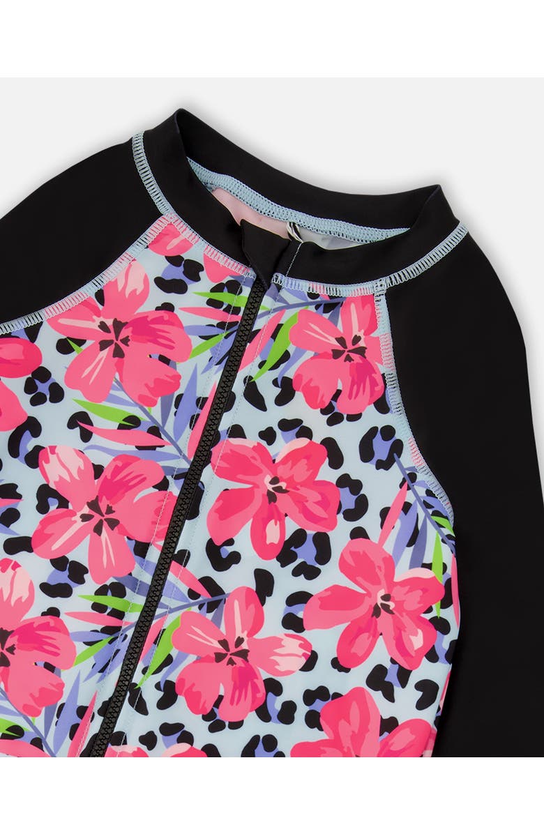 Deux par Deux One-Piece Long Sleeve Floral and Leopard Rashguard, Alternate, color, Blue Floral And Leopard Print
