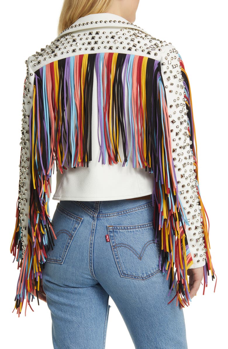 AZALEA WANG Rainbow Fringe Stud Detail Faux Leather Moto Jacket, Alternate, color, White Multi