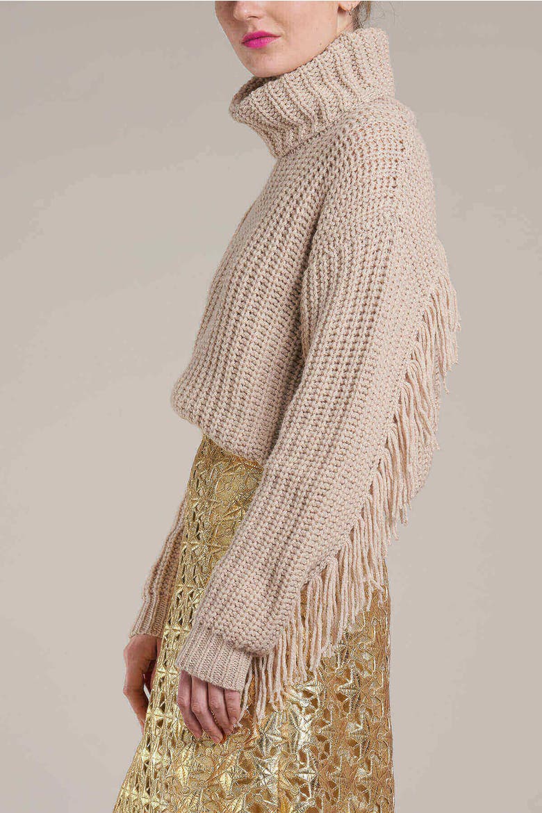 Fringed Turtle Neck Pullover, Alternate, color, Sand