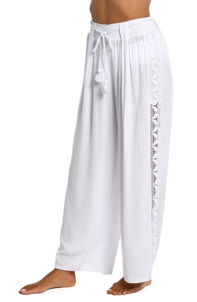 La Blanca Coastal Crochet Wide Leg Cover-Up Pants, Alternate, color, White
