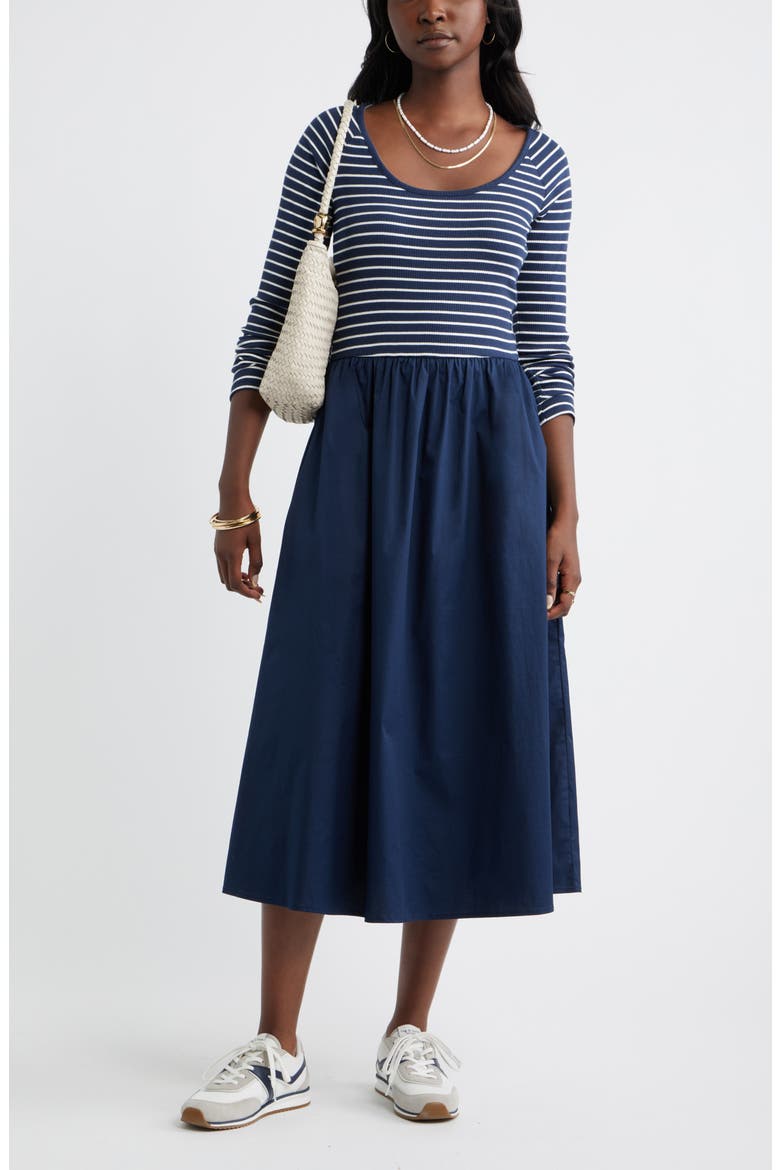 Mixed Media Midi Dress, Alternate, color, NAVY- IVORY ASHLEY STRIPE